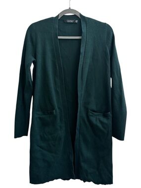 Ralph Lauren Deep Green Ribbed Open-Front Long Cardigan